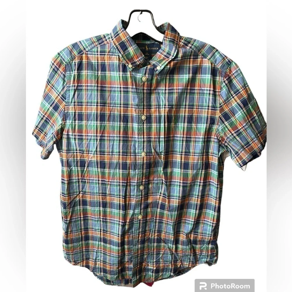 Ralph Lauren Button Up Shirt Youth XL 18-20 Plaid Boys Short Sleeve 100% Cotton